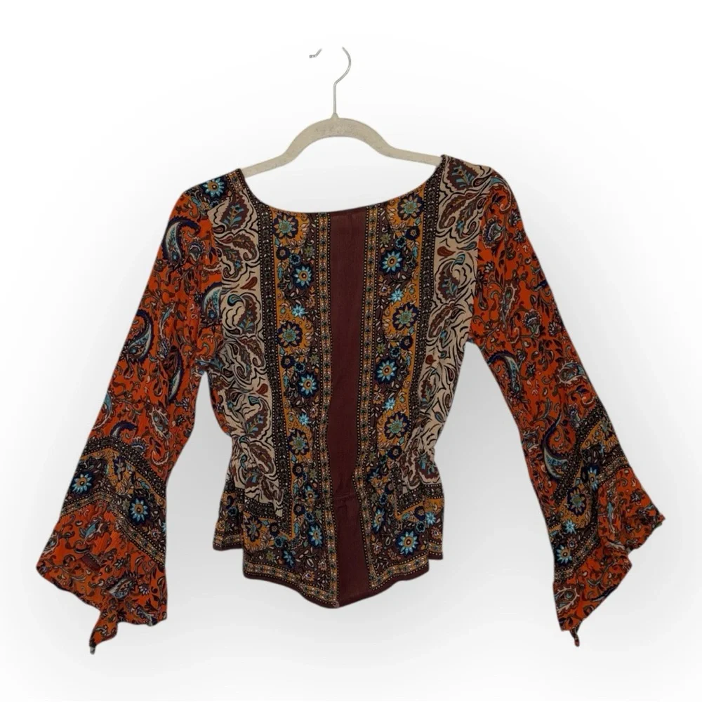 Free People Boho Paisley Peplum Blouse S Orange Blue Bell Sleeve Top - Picture 2 of 7